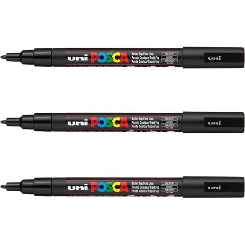 Letnerny-Mitsubishi Pencil - 3 Marqueurs Noir Pc3m - Pointe Conique Pointe Fine - Marqueur Peinture À Base D'eau - Tout Support - Pour Papier, Textile, Verre, Galet, Bois, Etc.