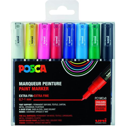 Letnerny-Uni Mitsubishi Pencil - 8 Marqueurs Pc1mc Pointe Extra Fine Conique - Marqueurs Peinture À Base D'eau - Tout Support - Pour Papier, Textile, Verre, Galet, Bois