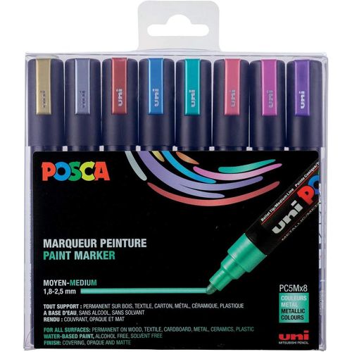 Letnerny-Mitsubishi Pencil - 8 Marqueurs Pc5m - Pointe Conique - Couleurs Métalliques Pointe Moyenne - Marqueurs Peinture À Base D'eau -Tout Support - Pour Papier, Textile, Verre, Galet, Bois
