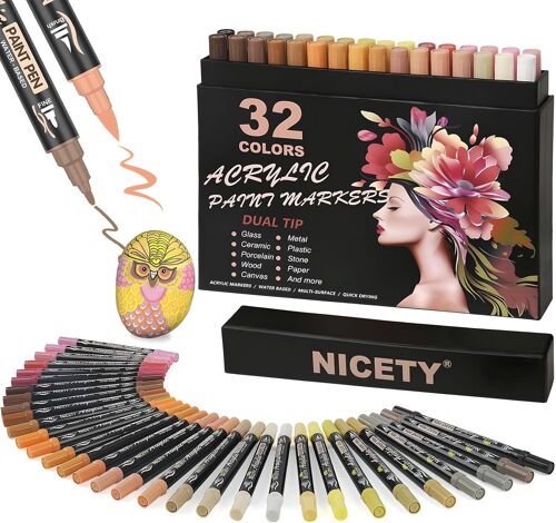 32 Couleurs Feutres Acryliques - Marqueurs À Double Pointe Pinceau Pour Peinture Sur Roches, Bois, Verre, Céramique - 0.5 5 Mm Feutres Acryliques À Pointe Fine Et Pinceau Pour Adultes (Peau)
