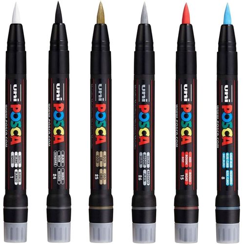 Letnerny-Uni P -350 Marqueur Peinture Pointe Pinceau ¿ Stylo Pour Tissu, Verre, Métal ¿ Les 6 Couleurs Les Plus Populaires