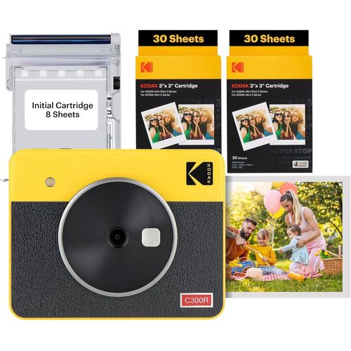Mini Shot 3 Retro 4Pass 2-In-1 Appareil Photo Instantané Et Imprimante Photo Portable (7,6X7,6Cm)+Paquet Avec 68 Feuilles,Jaune