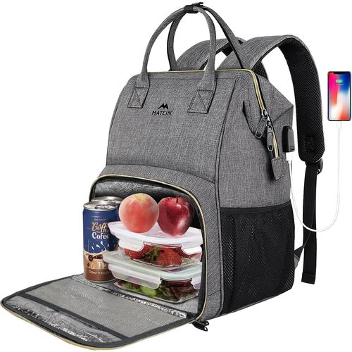 Sac A Dos Isotherme Repas Déjeuner Femme, Pour Ordinateur 15,6 Pouces Et Voyage Avec Port Usb Imperméable Pour Homme Collège Affaire, Gris