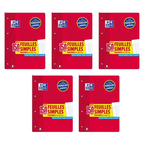 Oxford Lot De 5 Blocs De Feuilles Simples Détachable Perforés A4 Grand Carreaux 90g 150 Pages