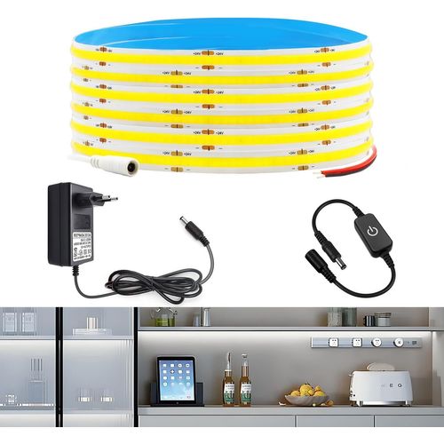 Ersan-2m Cob Bande Led 6000k Blanc Froid Kit Complet Avec Alimentation 24v & Variateur, 640 Led (320/M), 8mm De Largeur, 5cm Découpable, Ip20 Éclairage Intérieur Pour Meubles Armoires Diy Décor