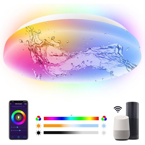 Plafonnier Led Wi-Fi 20w 2200lm Ip65,Luminaire Plafonnier Rgb Blanc Chaud/Froid(2700k-6500k) Dimmable,Contrôle App,Compatible Alexa Google Home Pour Salle De Bain Chambre,Ø22cm