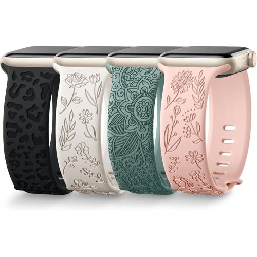 4 Pack Bracelets Gravés Compatible Avec Bracelet Apple Watch 40mm 41mm 38mm Femme, Silicone Fleurs Mignonnes Léopard, Band Sport Pour Bracelet Iwatch Ultra Se Series 9 8 7 6 5 4 3 2 1, Set A