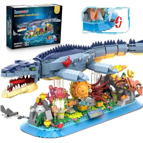 lbgwp60-Mosasaurus - Jouet De Construction Avec Lumière - 1219 Pièces - Animaux Mobiles - Modèle Avec Sorties Nautiques - Méduses - Récifs Coralliens - Blocs De Construction - Décoration D'Intérieur