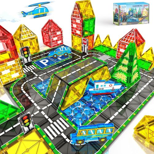 Jouet Enfant 3 4 5 6 Ans Construction Magnetique Enfant Routes Jeu Blocs De Construction Magnétiques Véhicules Magnetic Tiles Jeux Aimants Éducatifs Cadeau Enfant Garcon Fille Anniversaire Noël 42Pcs