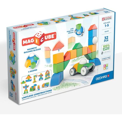 KALWL-Magicube Shapes-Blocs De Constructions Magnétiques À Empiler Pour Bébé D'1 An Et Plus-32 Cubes De 4 Couleurs Et Formes-1-5 Ans-100% Plastique Recyclé