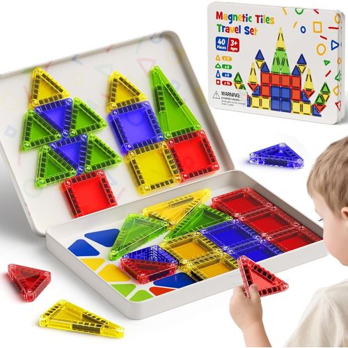 KALWL-Kit De Construction De Tuiles Magnétiques Jouet De Voyage Pour Enfants Portable Mini Carrelage Magnétique Jouet Montessori-Cadeau Pour Les Tout-Petits De 3 Ans Et Plus (40Pcs Magnétiques Tuiles