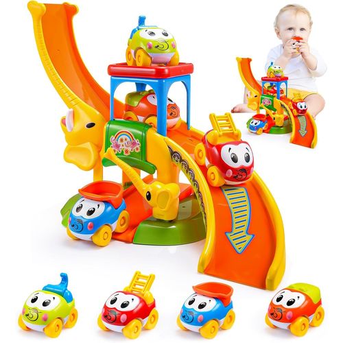 TDRFL-Jouets Pour Enfants De 1,2,3 Ans,Garçons Et Filles,Jouets Éducatifs Pour Enfants 12-18 Mois,Toboggan Éléphant Avec 4 Voitures D'Animaux