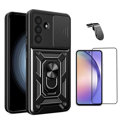 Kit De Film En Verre Trempé À Coque Complète 5d + Couvercle Coulissant De Défenseur Militaire Magnétique + Support Magnétique L De Voiture Pour Conduite Sûre Phonecare Pour Samsung Galaxy A56 - Noir