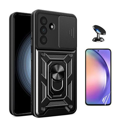 Kit De Film Hydrogel Avant À Coque Complète + Coque De Fenêtre Coulissante De Défenseur Militaire Magnétique + Support Magnétique De Voiture Phonecare Pour Samsung Galaxy A56 5g - Noir