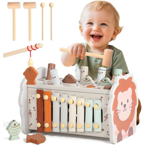 JGD-Jouet Bebe 1 an - Jeux Montessori 1 an 4 en 1 Jouet Montessori avec Tape-Taupe Xylophone Bebe Pêche et Labyrinthe Jouets Enfant 1 ans Educatif en Bois Idéal Cadeau Noel Enfant 1 ans Fille Garçon
