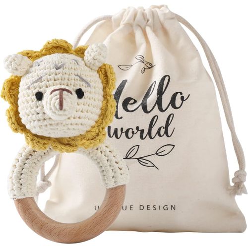 Tdrfl-Jouet Hochet Bébé Avec Malette Hochet En Bois Hochet De Dentition Montessori Toys Bébé Jouet De Dentition Anneau Dentition Bébé Pour 3 6 9 Mois Naissance Garçon Fille(Lion)