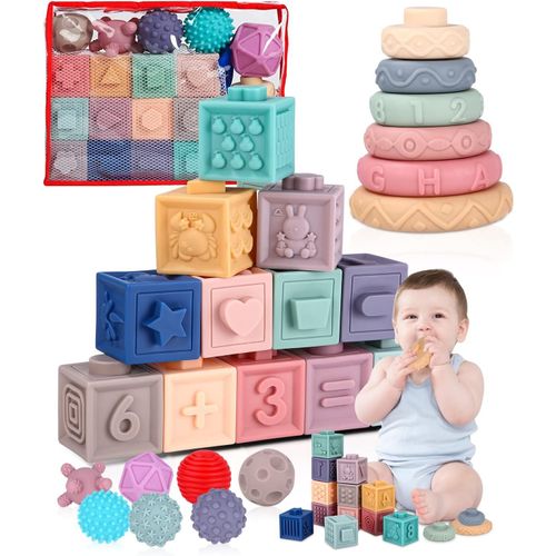 TDRFL-Montessori (25 Pièces) Pour Enfants 6 Mois Et Plus,Cube Balle Sensoriels Souples A Empiler,Anneaux D'Empilage,Jeux Eveil,Jouet De Bain Et Dentition Pour 6-12 Mois,Jouet Bebe 6 Mois