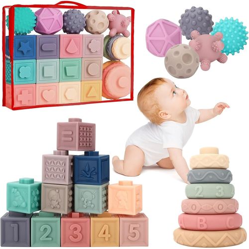 Jeux Montessori Bébé 6-12 Mois,Cube Sensoriels Souples A Empiler,Cube D'Activité Bébé,Jeux Educatif Jouets D'Éveil Pour Bebe Enfant 6 9 12 Mois 1 2 Ans Ans Garçon Fille