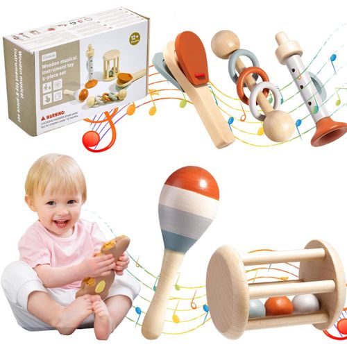 TDRFL-Smontessori Lot De 5 Instruments De Musique En Bois Pour Bébé Avec Maracas,Trompette,Castagnettes,Jouets Musicaux,Instruments De Musique Pour Enfants À Partir De 1 An