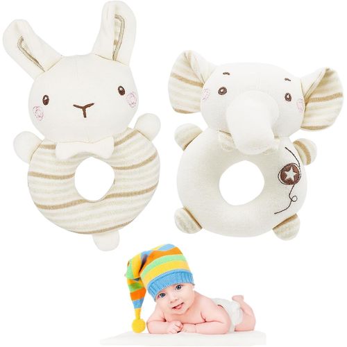 Tdrfl-Hochet Bébé Coton,2 Pcs Jouets Hochet Animales Doux,Jeux D'eveil 0-3-6-12 Mois,Jouets Sensoriels Interactifs Éducatif Premièr Age,Cadeau Naissance Fille Garçon,Lapin Et Eléphant
