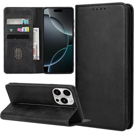 Étui Portefeuille Magnétique En Cuir Pu Pour Iphone 16 Pro Max - Coque Antichoc, 3 Fentes Cartes + Poche, Fonction Support, Noir