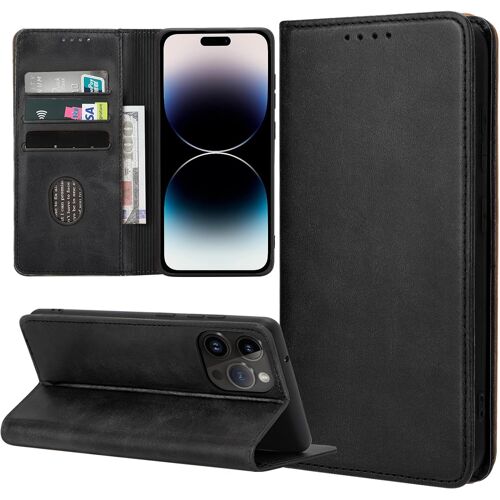 AEFJ-Coque pour iPhone 14 Pro, Housse en Cuir PU Flip Pochette Portefeuille Étui avec Emplacement Carte iPhone 14 Pro Coque Magnétique Antichoc, Noir