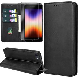 Étui Portefeuille Cuir Pu Pour Iphone Se 2022/Se 2020/Iphone 8/7 - Coque Magnétique Antichoc Avec 3 Emplacements Cartes + Poche Billets Et Fonction Support - Noir
