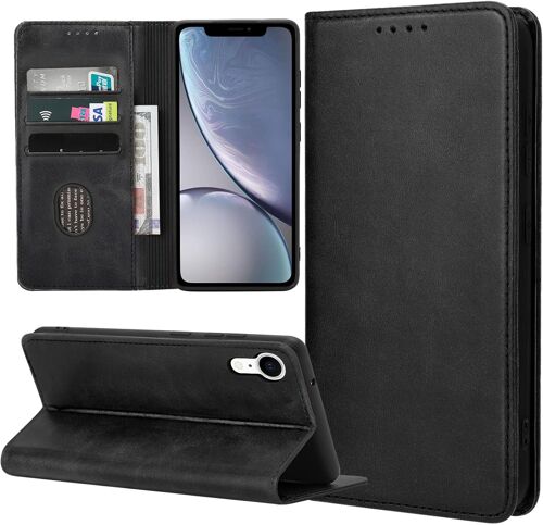 AEFJ-Coque pour iPhone XR, Housse en Cuir PU Flip Pochette Portefeuille Étui avec Emplacement Carte iPhone XR Coque Magnétique Antichoc, Noir