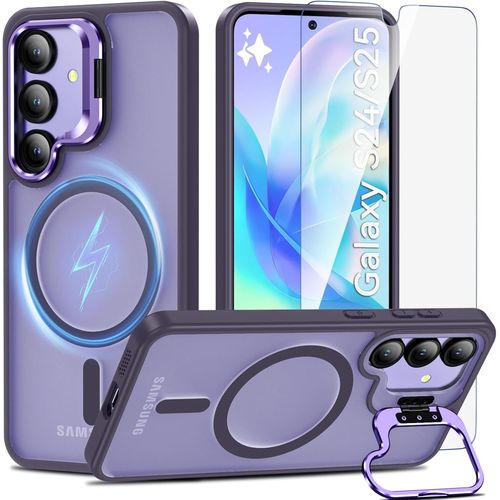 Kal-Coque Pour Samsung Galaxy S24/S25 Avec Béquille Intégrée, Compatible Avec Magsafe, Magnétique Coque S24/S25 Avec Verre Trempé, Antichoc Protection Etui Housse Case, Violet