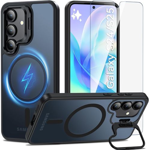 Kal-Coque Pour Samsung Galaxy S24/S25 Avec Béquille Intégrée, Compatible Avec Magsafe, Magnétique Coque S24/S25 Avec Verre Trempé, Antichoc Protection Etui Housse Case, Noir