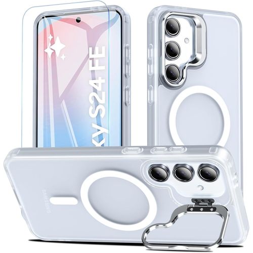 Kal-Coque Pour Samsung Galaxy S24 Fe Avec Béquille Intégrée, Compatible Avec Magsafe, Magnétique Coque S24 Fe Avec Verre Trempé, Antichoc Protection Etui Housse Case,Translucide