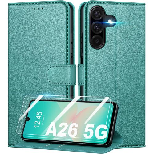 KAL-Coque Pour Samsung Galaxy A26 5G + 2 Pièces Verre Trempé, Rfid Blocage Étui De Protection Housse Premium En Cuir Pu, Fentes Pour Cartes Pochette De Portefeuille Etui À Rabat - Vert