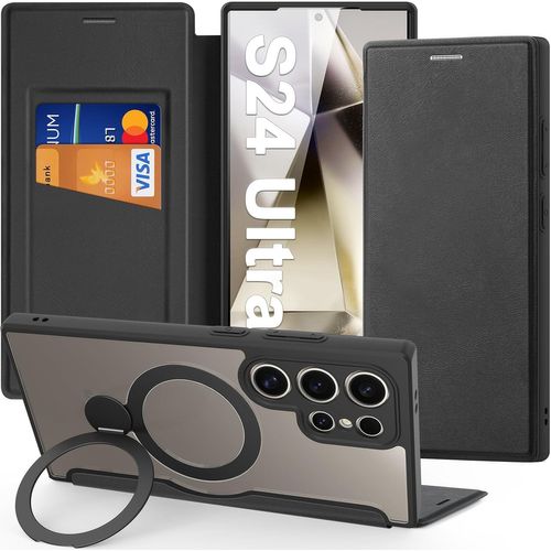 KAL-Coque Pour Samsung Galaxy S24 Ultra Avec Support, Compatible Avec Magsafe, Rfid Blocage Fentes Pour Cartes Magnétique Premium Flip Portefeuille, Etui Pour S24 Ultra 5G En Cuir, Noir