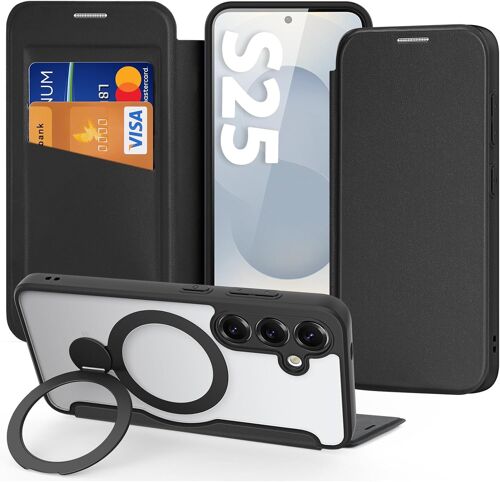 acdsgd-Coque pour Samsung Galaxy S25 avec Support, Compatible avec MagSafe,RFID BlocageFentes pour Cartes Magnétique Premium Flip Portefeuille, Etui pour S25 5G en Cuir, Noir