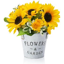 Plante Artificielle Décoration,Tournesol Plante Decorative Interieur Extérieure,Fleurs Artificielles avec Pot en Métal,Mini Faux Plantes pour Decor Maison Mariage Bureau Table Jardin Party