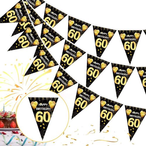 60 Ans Deco Anniversaire,60e Joyeux Anniversaire Bannière Guirlande,60e Anniversaire Guirlande Drapeaux De Triangle Noir Or Decoration, 60 D'anniversaire De Fête Tissu Affiche Toile De Fond