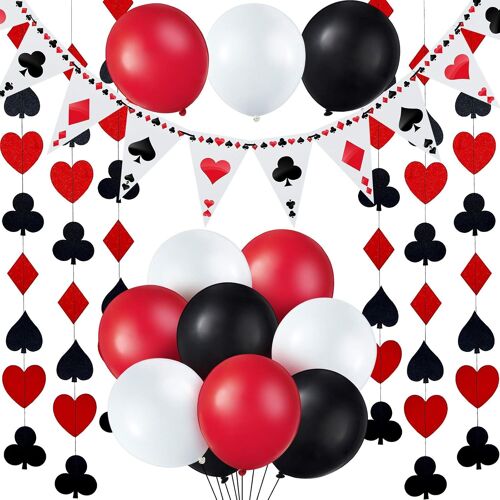 ChicSlick-Lot De 19 Décorations De Fête De Casino / Anniversaire Sur Le Thème Du Poker - Bannière Et Ballons En Latex - Rouge, Noir Et Blanc[X377]