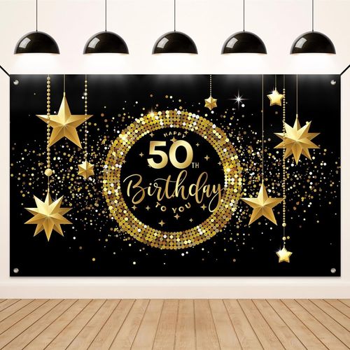 Banderole Anniversaire 50 Ans,Décoration Fête Pour Homme Femme,Photographie (Noir Or)
