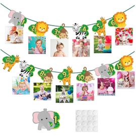 Guirlande Anniversaire 1 an,Bannière Photo de 1 à 12 Mois Animaux Bannière pour Guirlande Photo Anniversaire des Animaux de Jungle,pour Garçon Fille Première Anniversaire Fête Décor