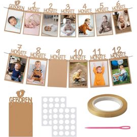 Guirlande photo pour 1er anniversaire - Bannière photo pour anniversaire - Décoration murale à suspendre pour premier anniversaire fille (marron)