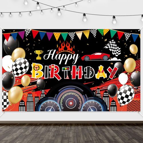 Bannière Anniversaire,Bannière De Joyeux Anniversaire De Voiture De Course Décoration De Fête D'Anniversaire Sur Le Thème De La Voiture Pour La Décoration De Fête D'Anniversaire