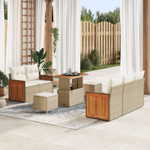 Set De Canapé De Jardin De 8 Pièces Avec Coussins Beige Rattan Poly Acacia, Canapé De Jardin 2 Places Avec Coussins Beige Rattan Poly, Ensemble De Salle À Manger De Jardin De 3 Pièces Avec Coussins Beige Rattan Poly Acacia