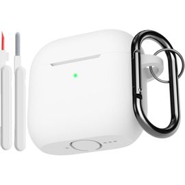 KALANKA-Coque Étui Compatible avec AirPods 4¿ Génération avec Kit de Nettoyage, Housse en Silicone Etui de Protection pour AirPods 4 2024 avec Mousqueton, Témoin LED Visible, Blanc