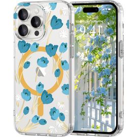 TRAHOO-Coque Magnétique Florale pour iPhone 15 Pro [Compatible avec Magsafe], Coque de Transparente Anti-jaunissement, Joli Motif Floral Anti-Rayures, Protection TPU pour Filles et Femmes-Vert Menthe