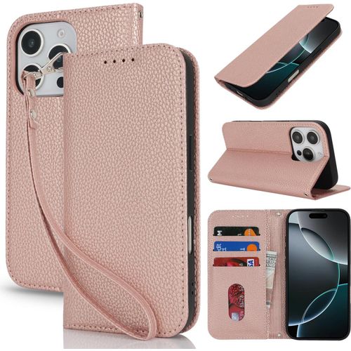 Kalanka-Coque Pour Iphone 16 Pro Max En Cuir Portefeuille Avec Porte Carte Et Rabat Clapet - Etui Antichoc Magnétique Pour Protection Complète De Votre Iphone 16 Pro Max,Rose D'or