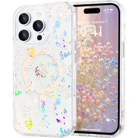 TRAHOO-Coque Magnétique Florale pour iPhone 14 Pro [Compatible avec Magsafe], Coque de Transparente Anti-jaunissement, Joli Motif Floral Anti-Rayures, Protection TPU pour Filles et Femmes-Orange