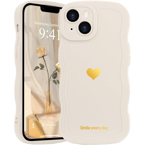 KALANKA-Coque Compatible avec iPhone 15 Femme Motif Coeur Coque de Protection en Silicone Antichoc [Cadre à Vagues Bouclées] Case pour iPhone 15 Blanc