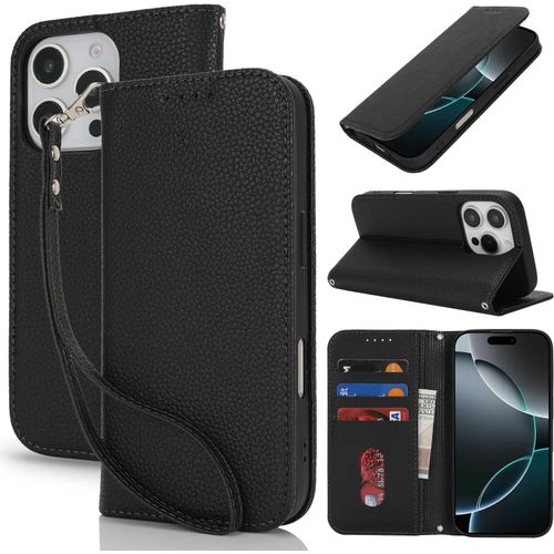 Kalanka-Coque Pour Iphone 16 Pro Max En Cuir Portefeuille Avec Porte Carte Et Rabat Clapet - Etui Antichoc Magnétique Pour Protection Complète De Votre Iphone 16 Pro Max,Noir