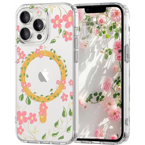 TRAHOO-Coque Magnétique Florale pour iPhone 13 Pro [Compatible avec Magsafe], Coque de Transparente Anti-jaunissement, Joli Motif Floral Anti-Rayures, Protection TPU pour Filles et Femmes-Rose Clair