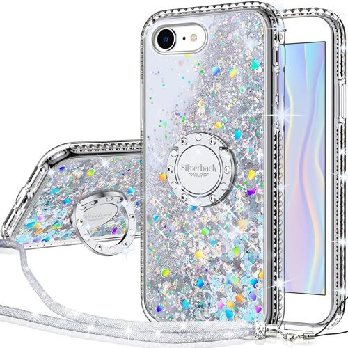 JGD-Coque pour iPhone 8/7, Coque iPhone SE 2022/2020, Fille Silicone Paillette Strass Bling Glitter de Luxe avec Support, Liquide Housse Etui de Protection iPhone 8/7 - Argent
